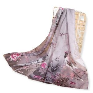 Gray and Pink Floral Print Silky Scarf